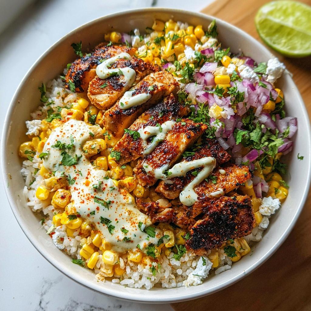 A delicious Easy Street Corn Chicken Bowl filled with rice, grilled chicken, corn, red onion, and creamy sauce.