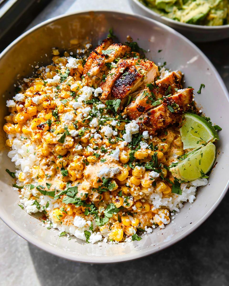 A close-up of an Easy Street Corn Chicken Bowl featuring rice, seasoned chicken, corn, crumbled cheese, cilantro, and lime.