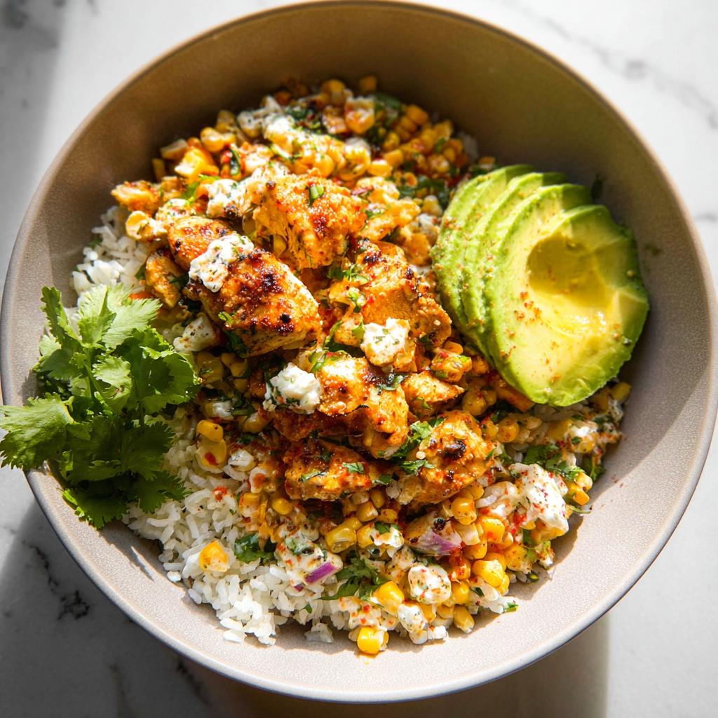 A delicious Easy Street Corn Chicken Bowl with rice, seasoned chicken, corn, avocado slices, and cilantro.