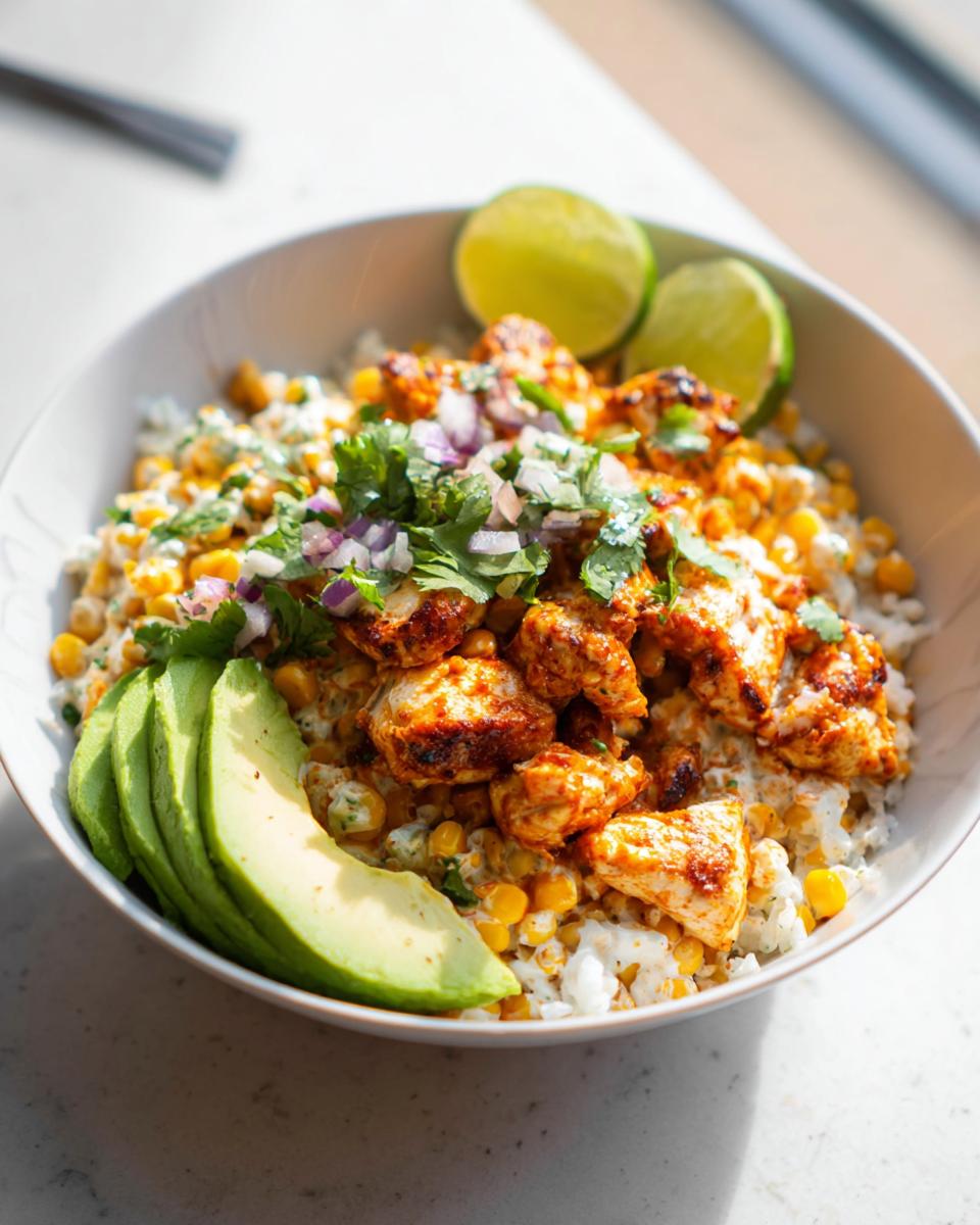 A vibrant Easy Street Corn Chicken Bowl topped with seasoned chicken, corn, avocado slices, lime wedges, and cilantro.