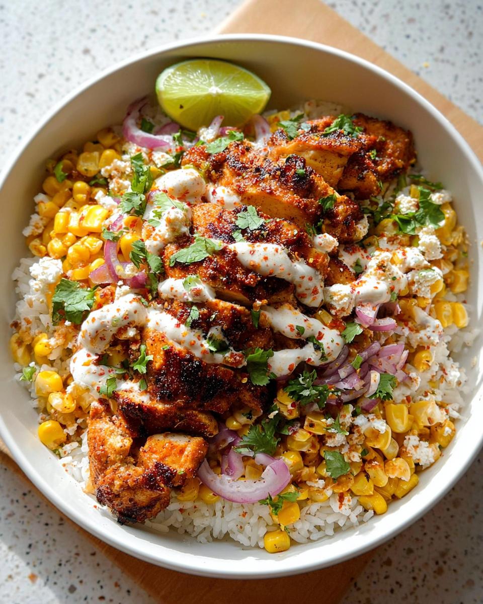 A delicious Easy Street Corn Chicken Bowl with grilled chicken, corn, rice, red onion, and a lime wedge.