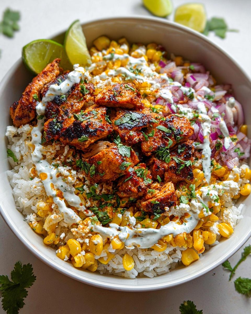 A close-up of an Easy Street Corn Chicken Bowl featuring grilled chicken, rice, corn, red onion, crumbled cheese, and a creamy sauce, garnished with lime wedges and cilantro.