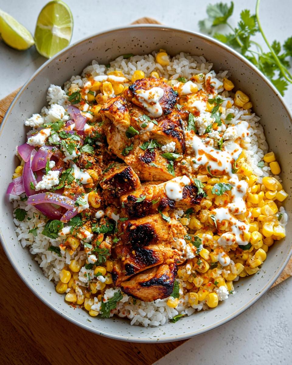 A vibrant Easy Street Corn Chicken Bowl featuring grilled chicken, rice, corn, crumbled cheese, and red onion.