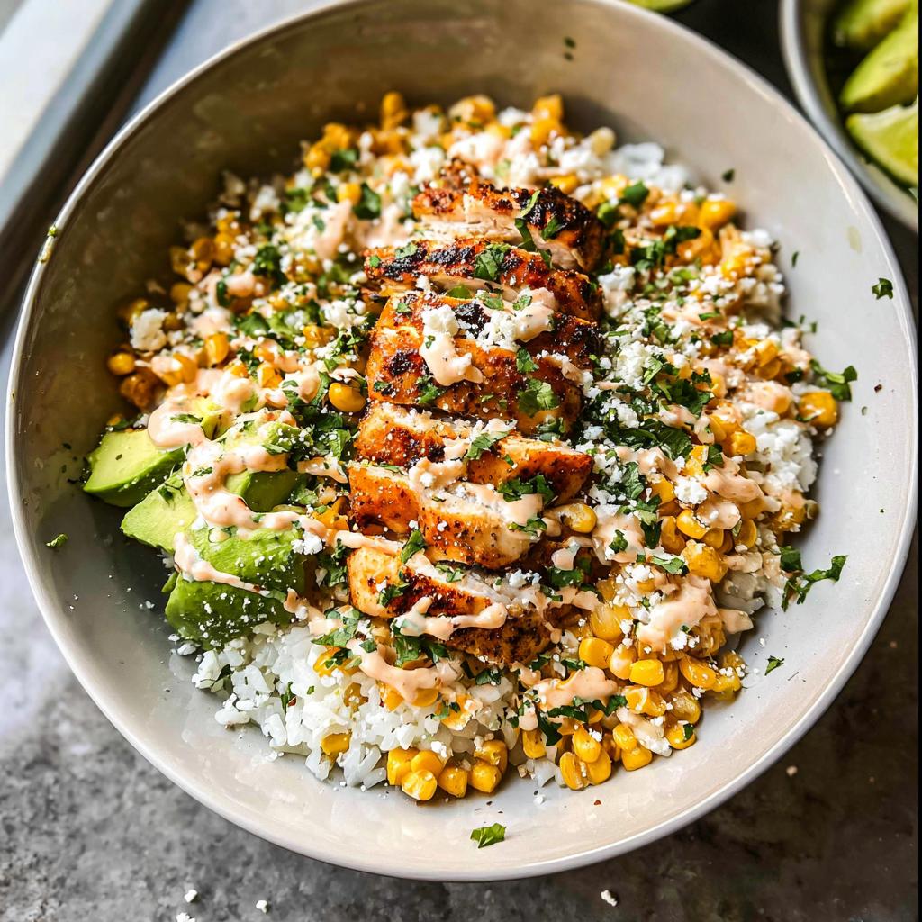 A delicious Easy Street Corn Chicken Bowl with grilled chicken, corn, avocado, and rice.
