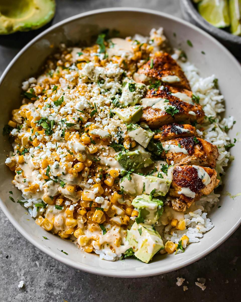 A close-up of an Easy Street Corn Chicken Bowl featuring rice, grilled chicken, corn, avocado, crumbled cheese, and a creamy sauce.