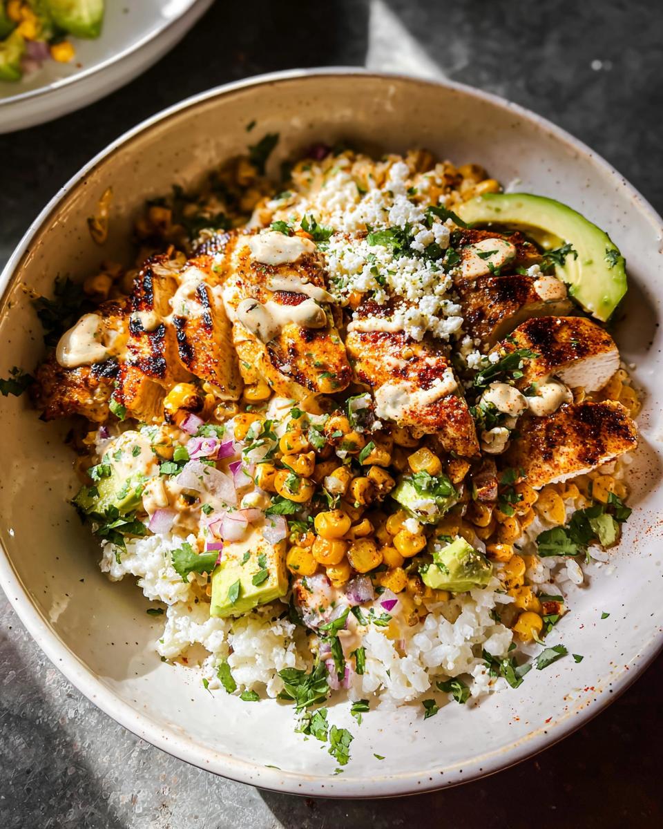 A delicious Easy Street Corn Chicken Bowl with grilled chicken, corn, avocado, rice, and crumbled feta cheese.