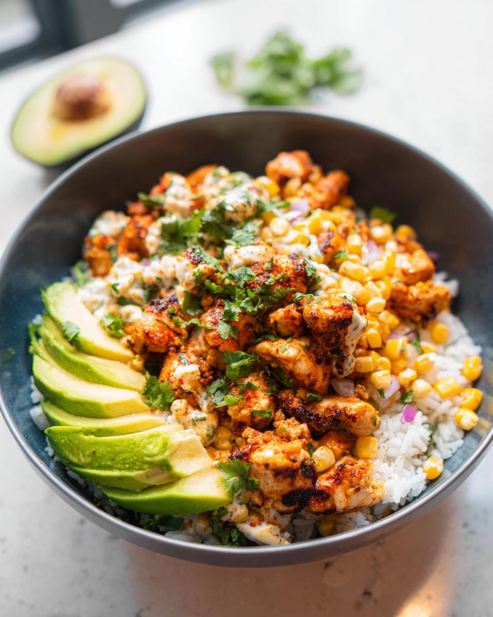 A delicious Easy Street Corn Chicken Bowl topped with avocado slices, corn, chicken, and cilantro.