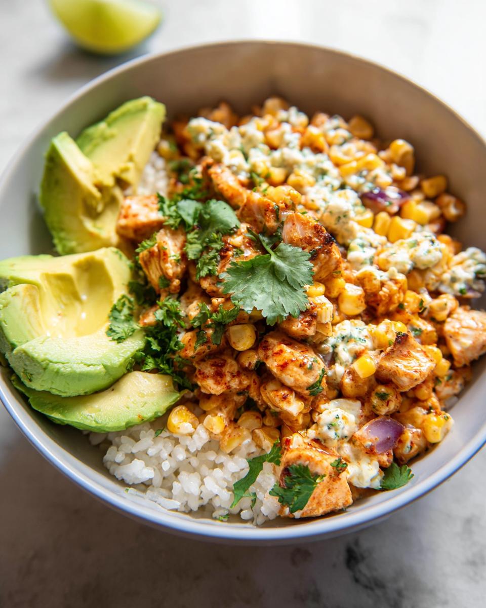 A close-up of an Easy Street Corn Chicken Bowl featuring rice, seasoned chicken, corn, avocado slices, and cilantro.