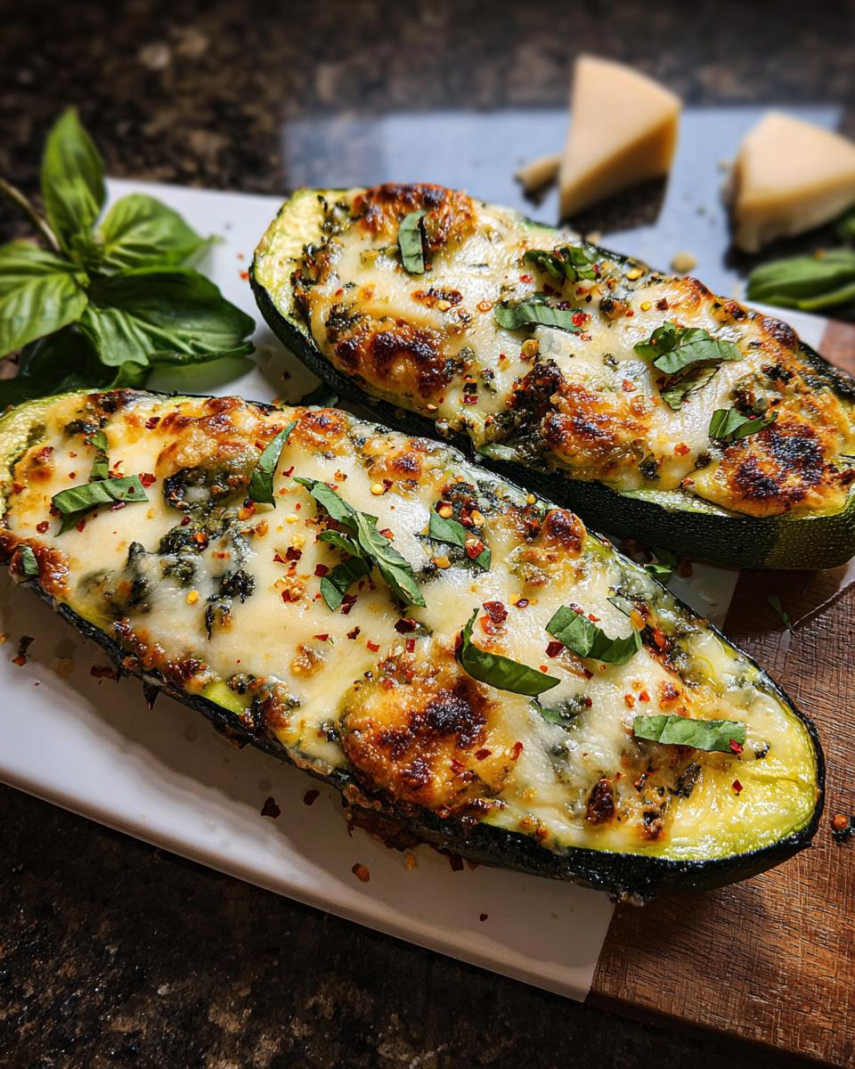 Two halves of baked zucchini boats filled with garlic butter mixture and topped with melted cheese and fresh basil.