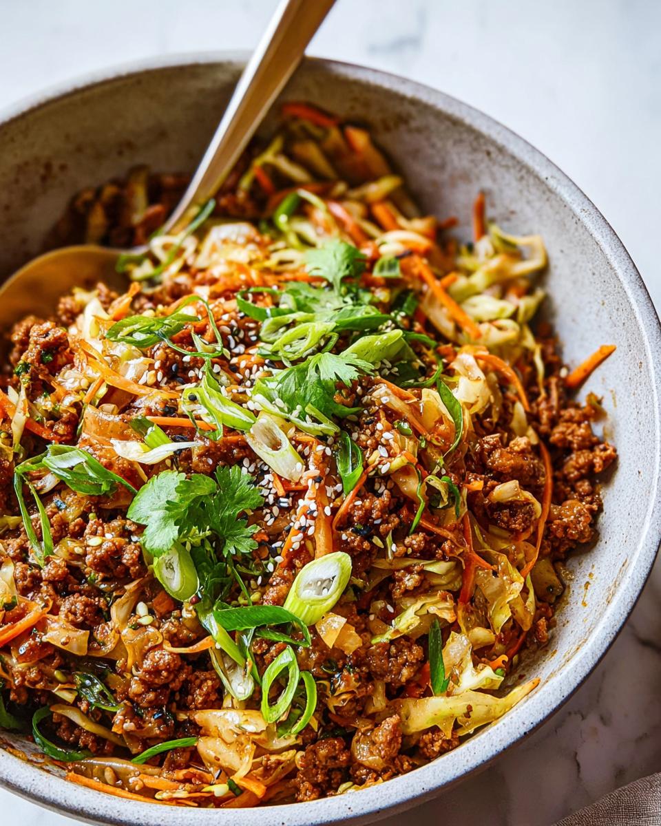 A close-up of a bowl filled with Egg Roll in a Bowl, featuring ground meat, cabbage, carrots, and green onions.