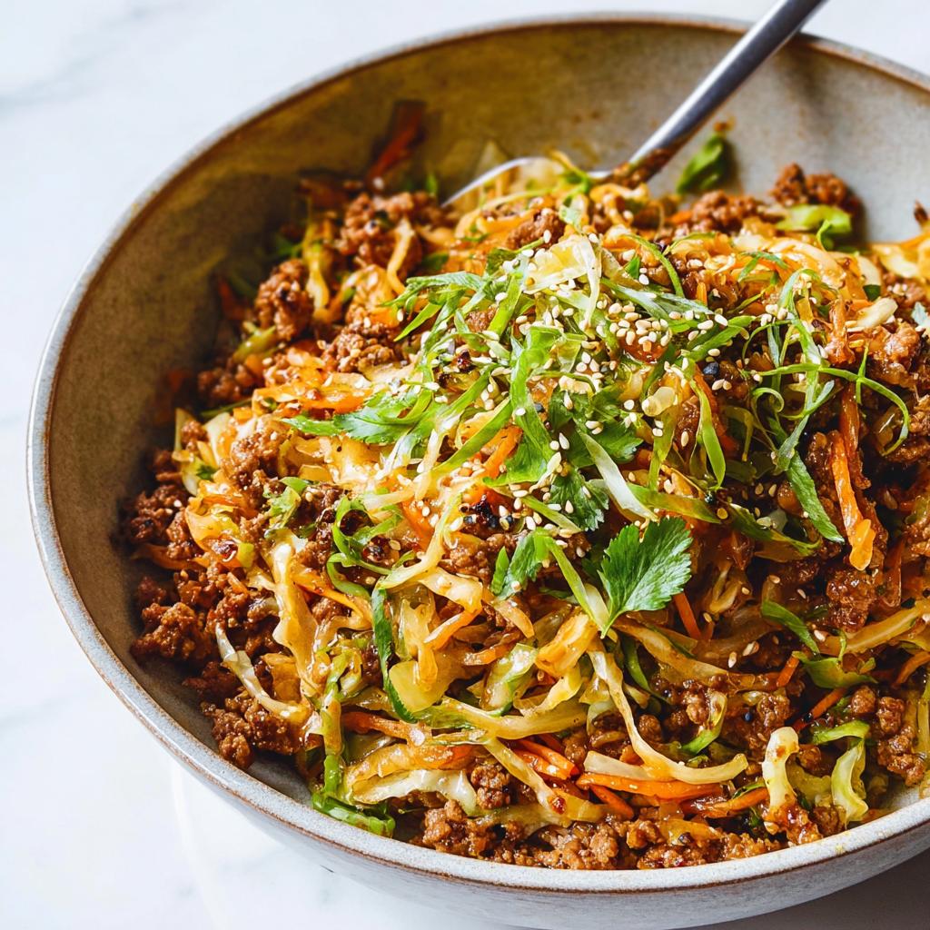 A close-up of a bowl filled with Egg Roll in a Bowl, featuring ground meat, cabbage, carrots, and green onions.
