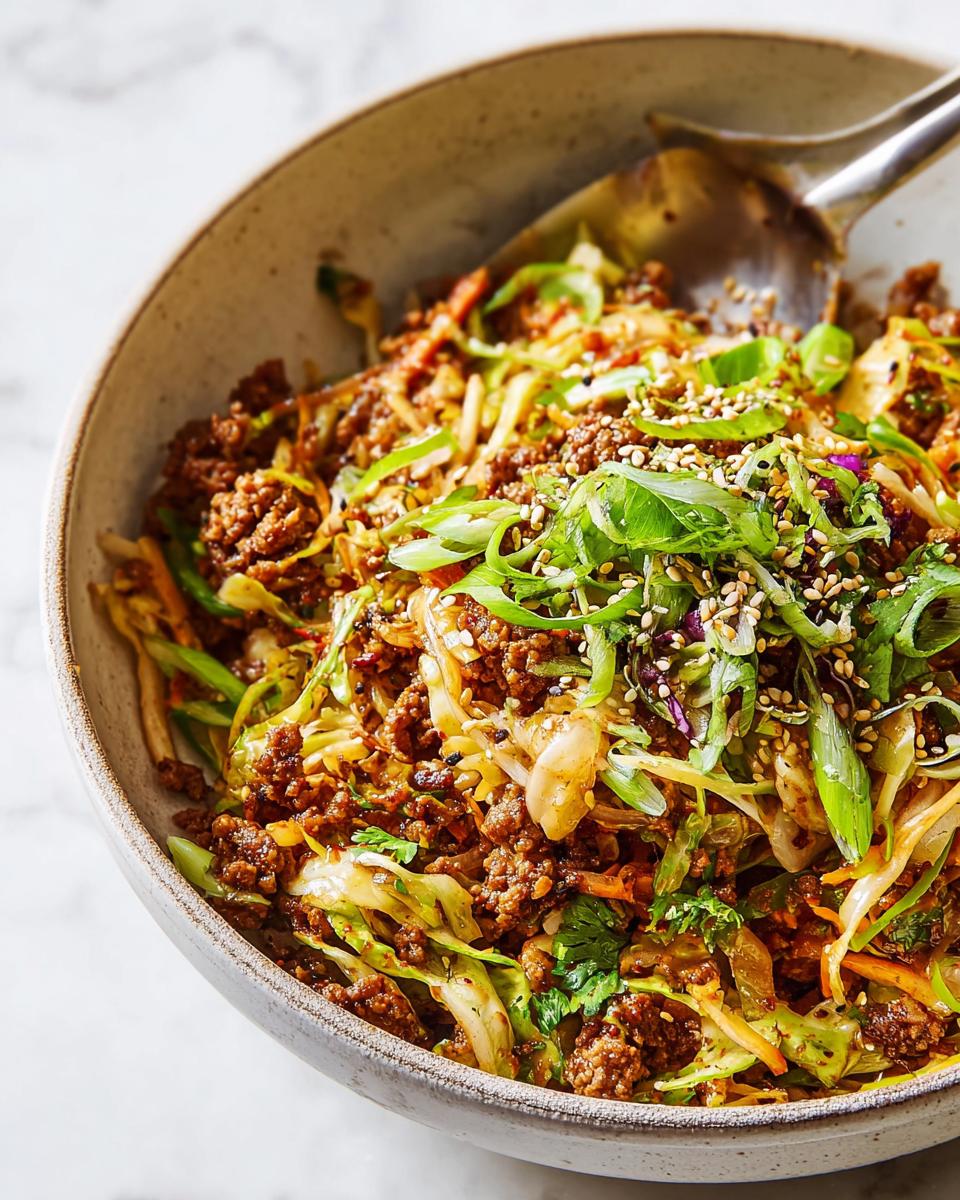 A close-up of a bowl filled with Egg Roll in a Bowl, featuring ground meat, shredded cabbage, carrots, and green onions, topped with sesame seeds.