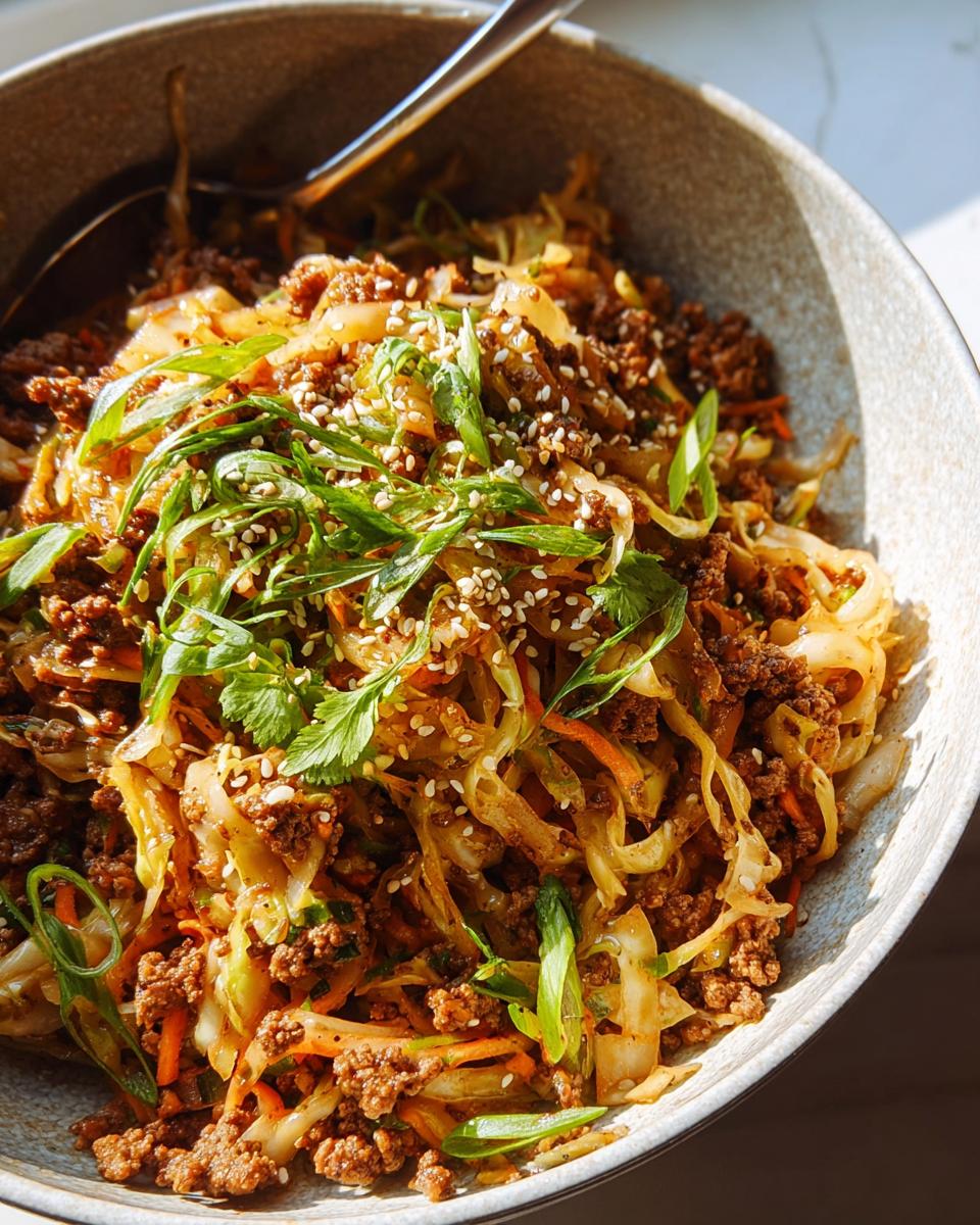 A close-up of a bowl filled with Egg Roll in a Bowl, featuring ground meat, cabbage, carrots, and green onions, topped with sesame seeds.