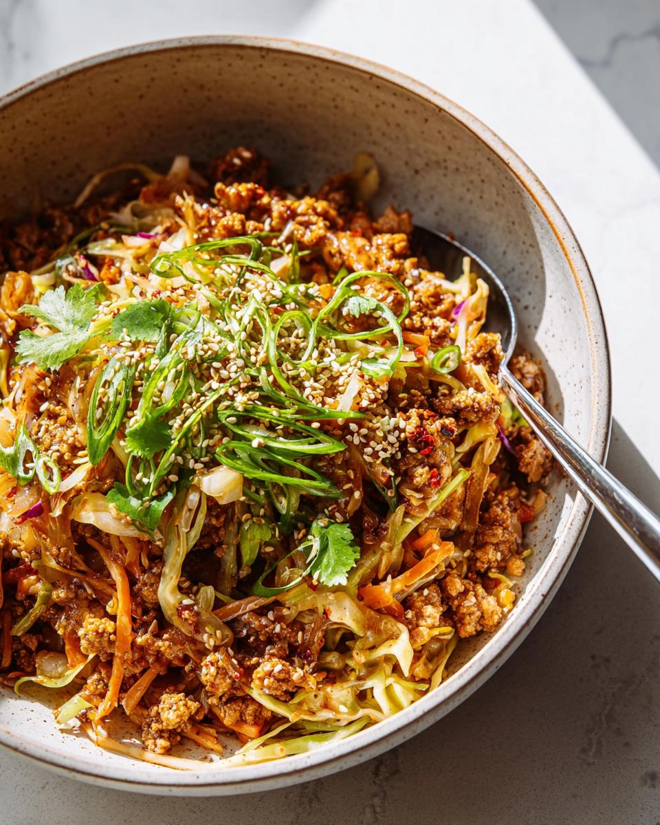 A close-up overhead view of a bowl of Egg Roll in a Bowl, topped with green onions and sesame seeds.