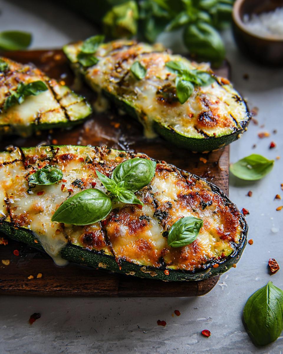 Close-up of baked zucchini halves topped with melted cheese, herbs, and fresh basil, part of the Garlic Butter Steak & Zucchini Delight.