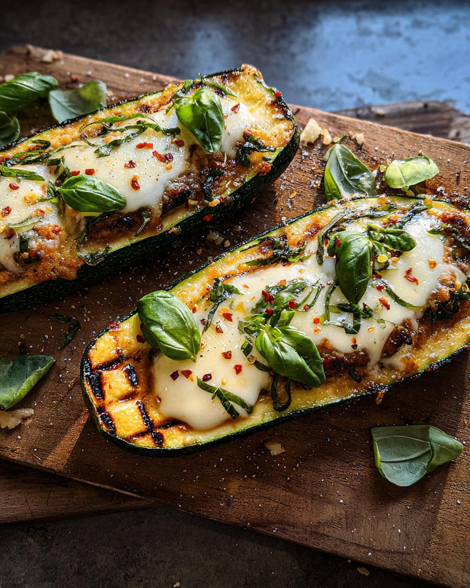 Close-up of two grilled zucchini halves stuffed with a savory mixture and topped with melted cheese and fresh basil. Effortless Garlic Butter Steak & Zucchini Delight.