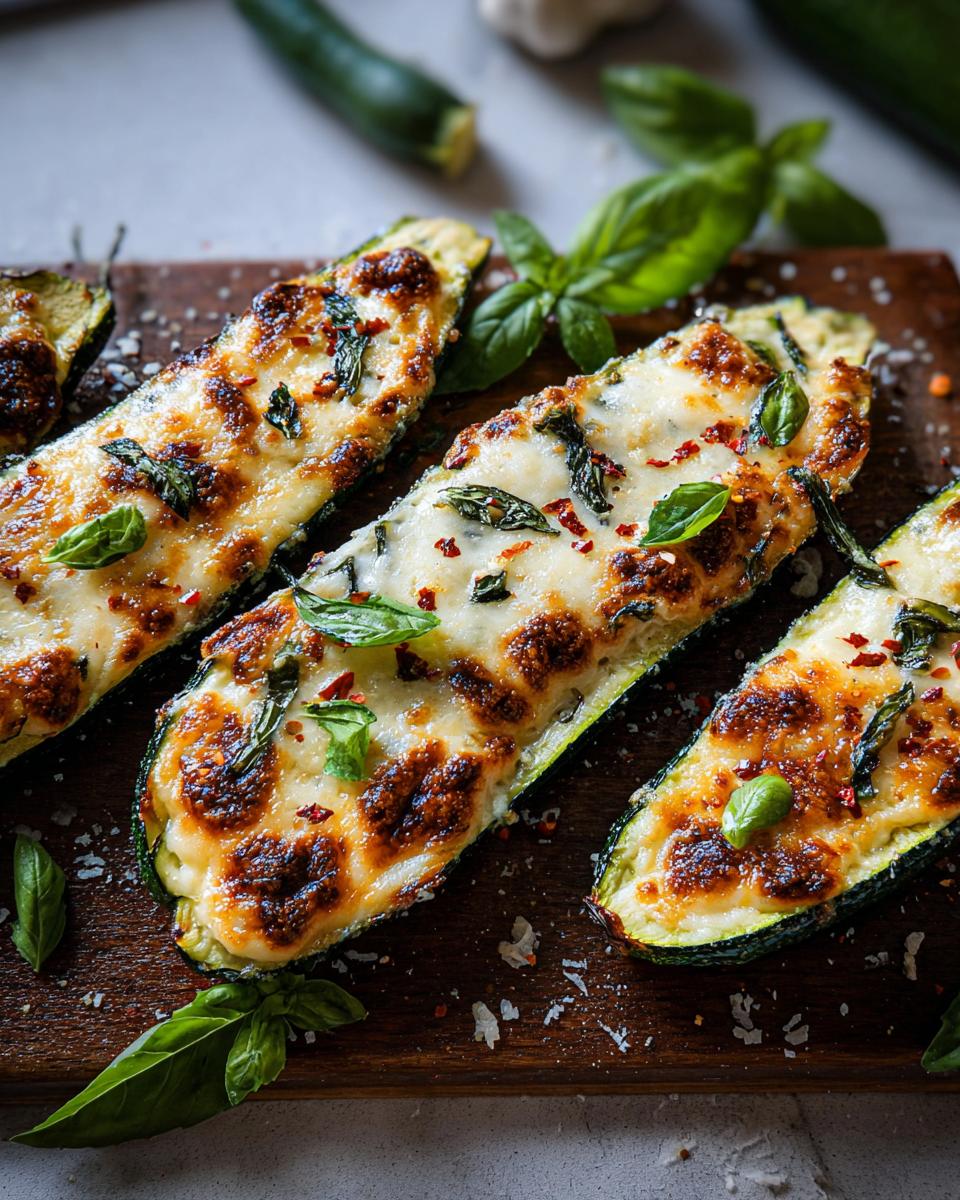 Close-up of baked zucchini boats filled with melted cheese and fresh basil, part of the Effortless Garlic Butter Steak & Zucchini Delight.
