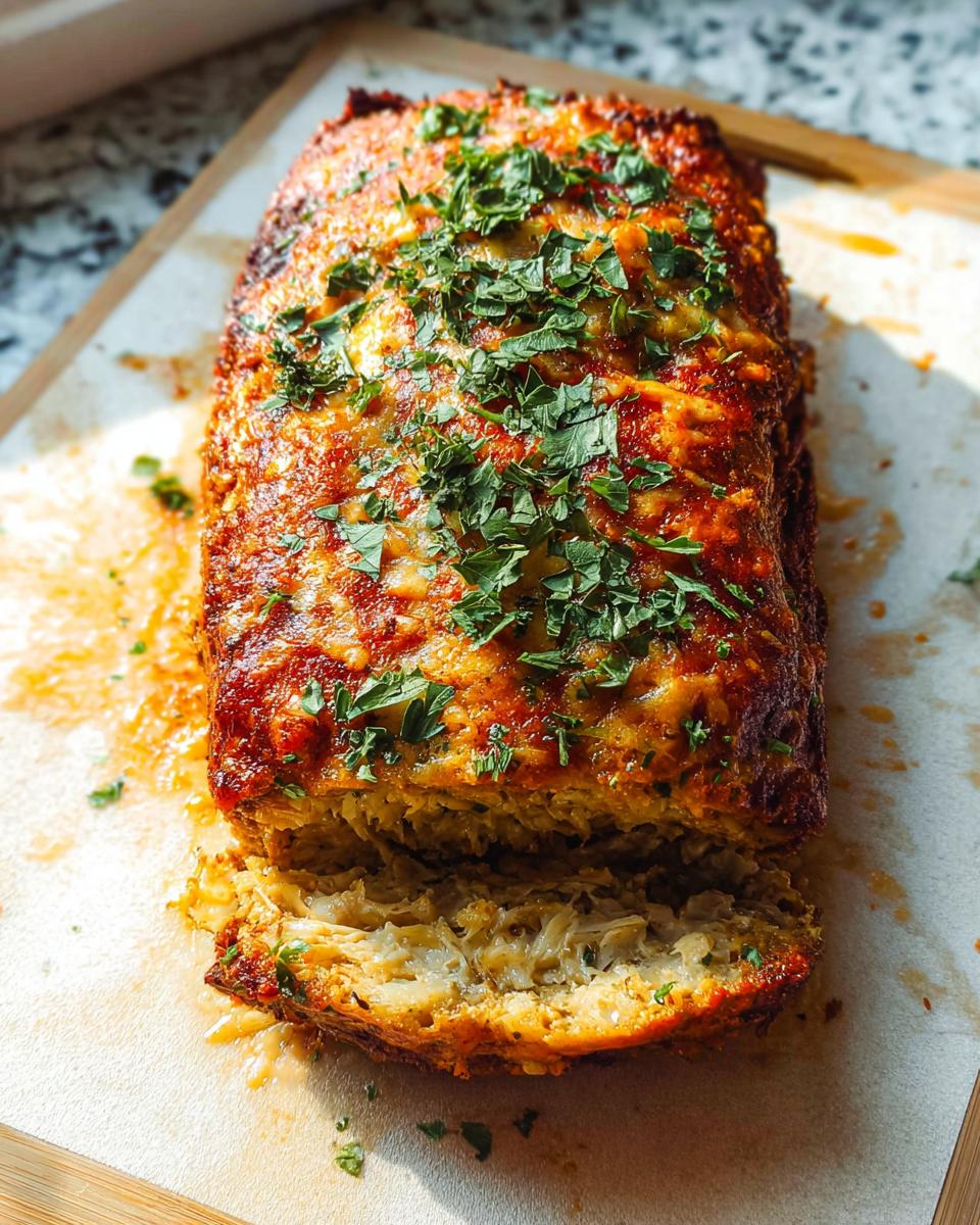 A close-up of a sliced Garlic Parmesan Chicken Meatloaf topped with melted cheese and fresh parsley.