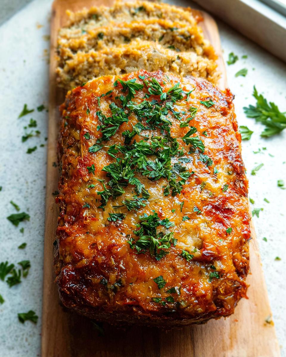 A whole Garlic Parmesan Chicken Meatloaf, topped with melted cheese and fresh parsley, sliced on a wooden board.