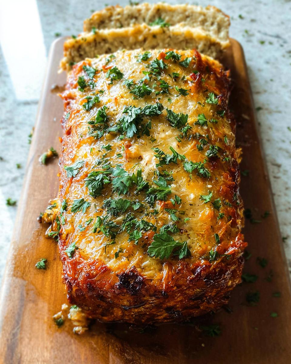 A golden-brown Garlic Parmesan Chicken Meatloaf topped with melted cheese and fresh parsley, sliced on a wooden board.