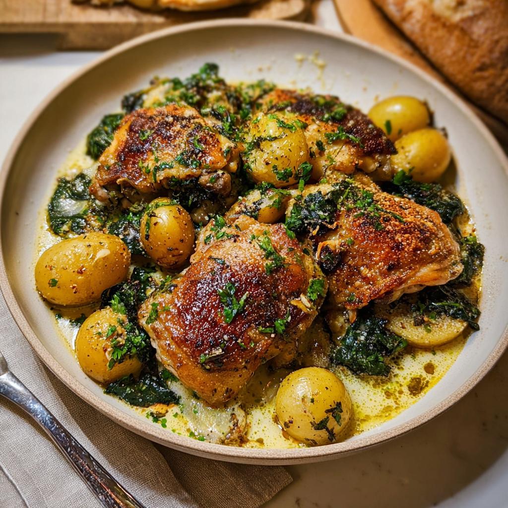 A close-up of a bowl filled with Garlic Parmesan Chicken Thighs and Potatoes, garnished with parsley.