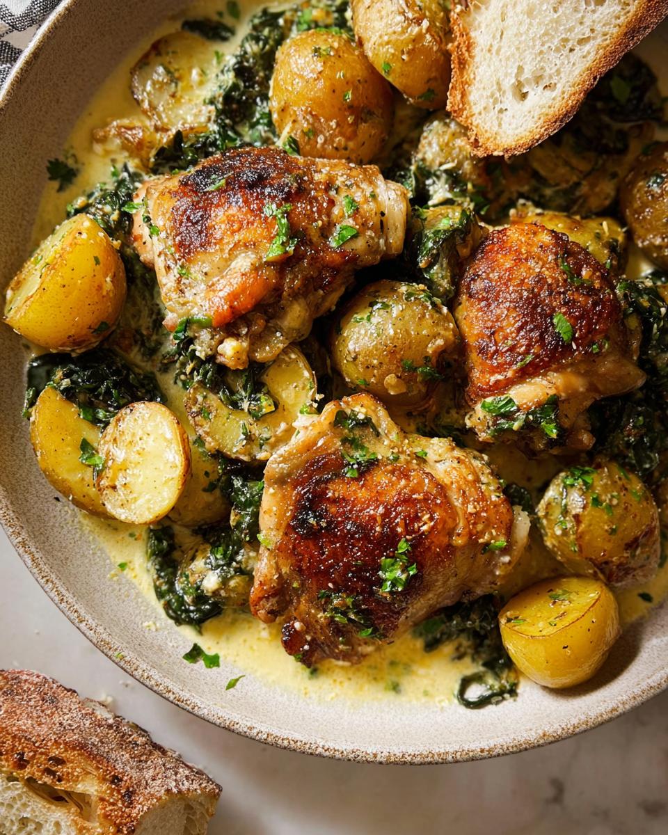 A close-up of Garlic Parmesan Chicken Thighs and Potatoes in a creamy sauce, garnished with parsley.
