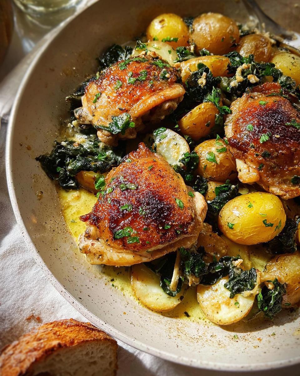 Close-up of golden-brown Garlic Parmesan Chicken Thighs and Potatoes, garnished with fresh parsley.
