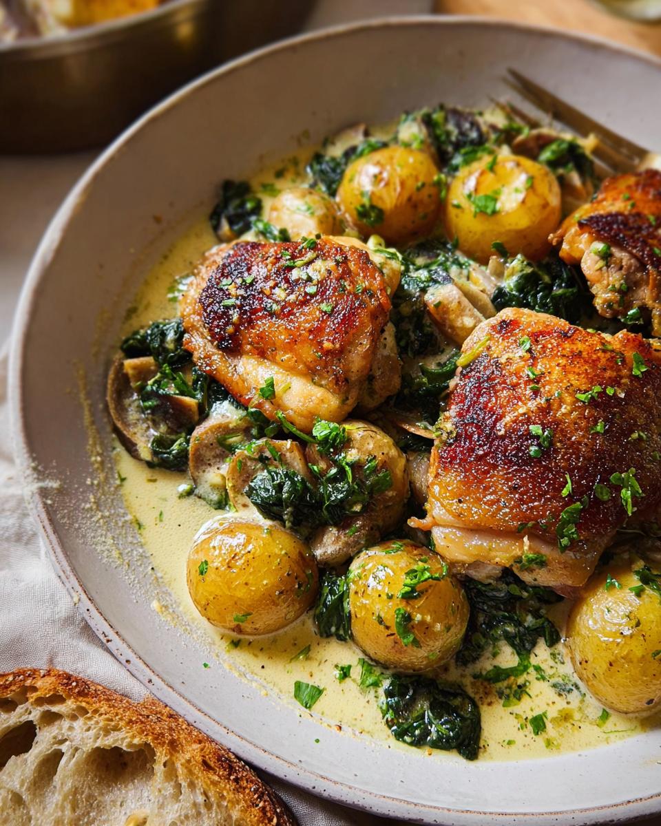 A close-up of Garlic Parmesan Chicken Thighs and Potatoes in a creamy sauce, garnished with parsley.
