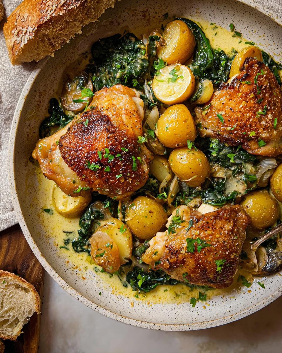 A close-up of Garlic Parmesan Chicken Thighs and Potatoes in a creamy sauce, garnished with parsley.