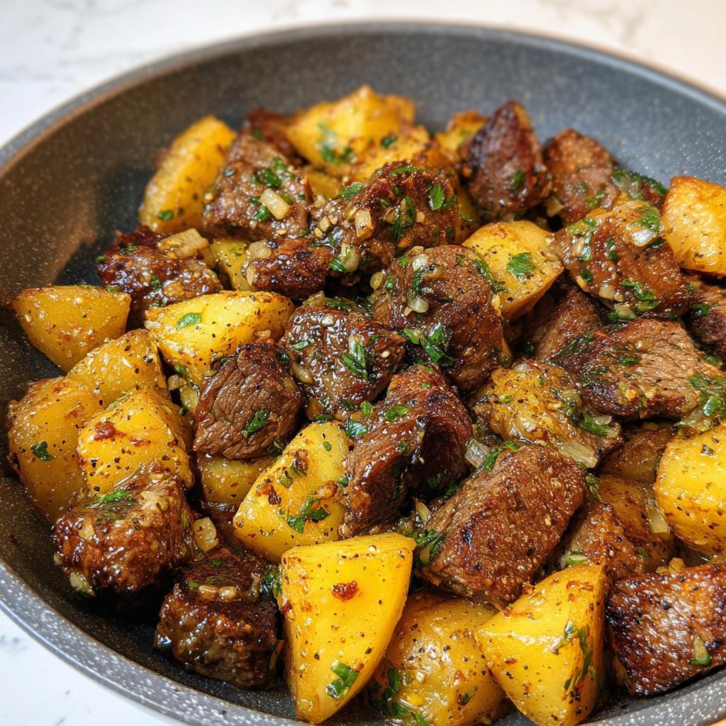 Close-up of juicy garlic steak bites mixed with golden roasted potatoes, seasoned with herbs.