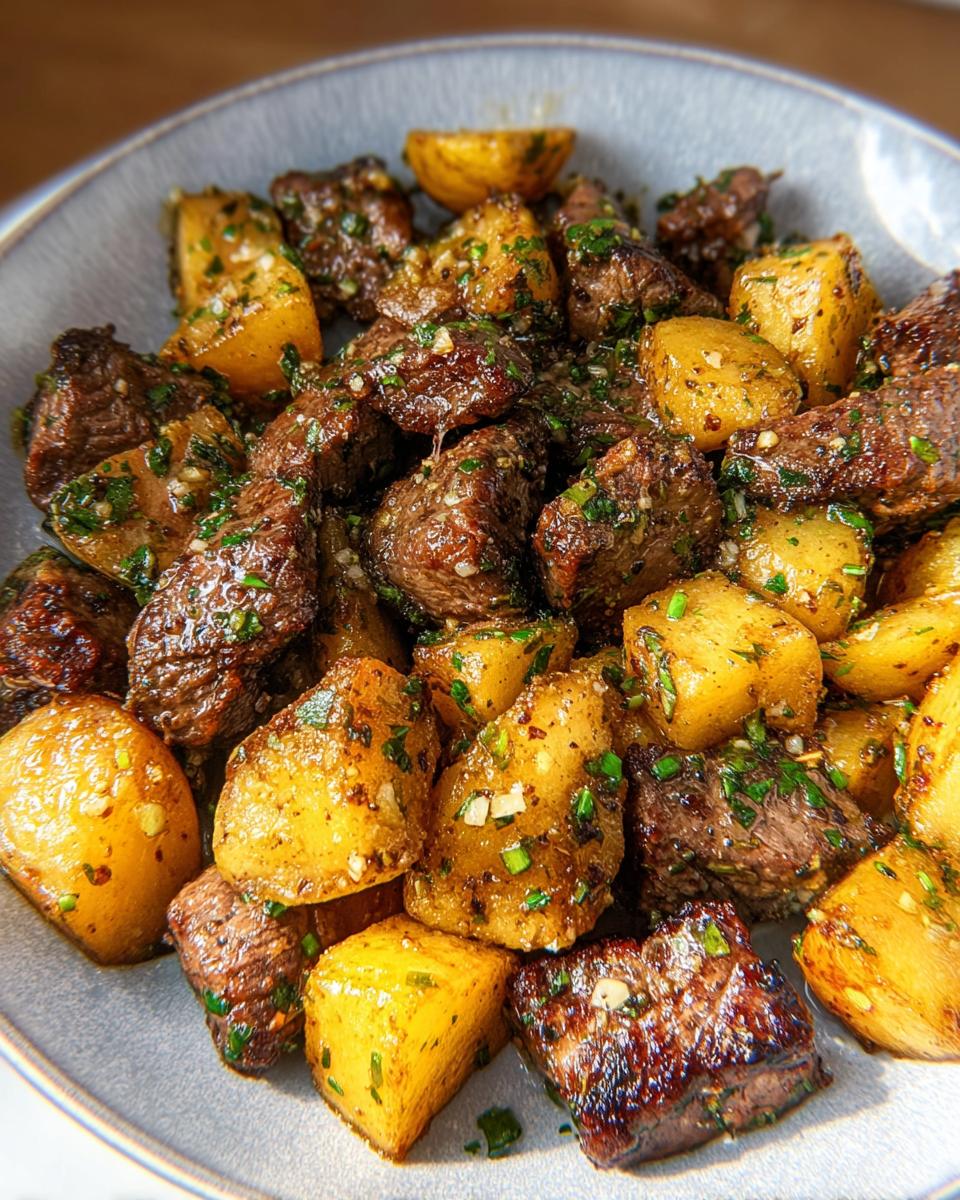 Close-up of tender garlic steak bites mixed with golden roasted potatoes, seasoned with herbs.