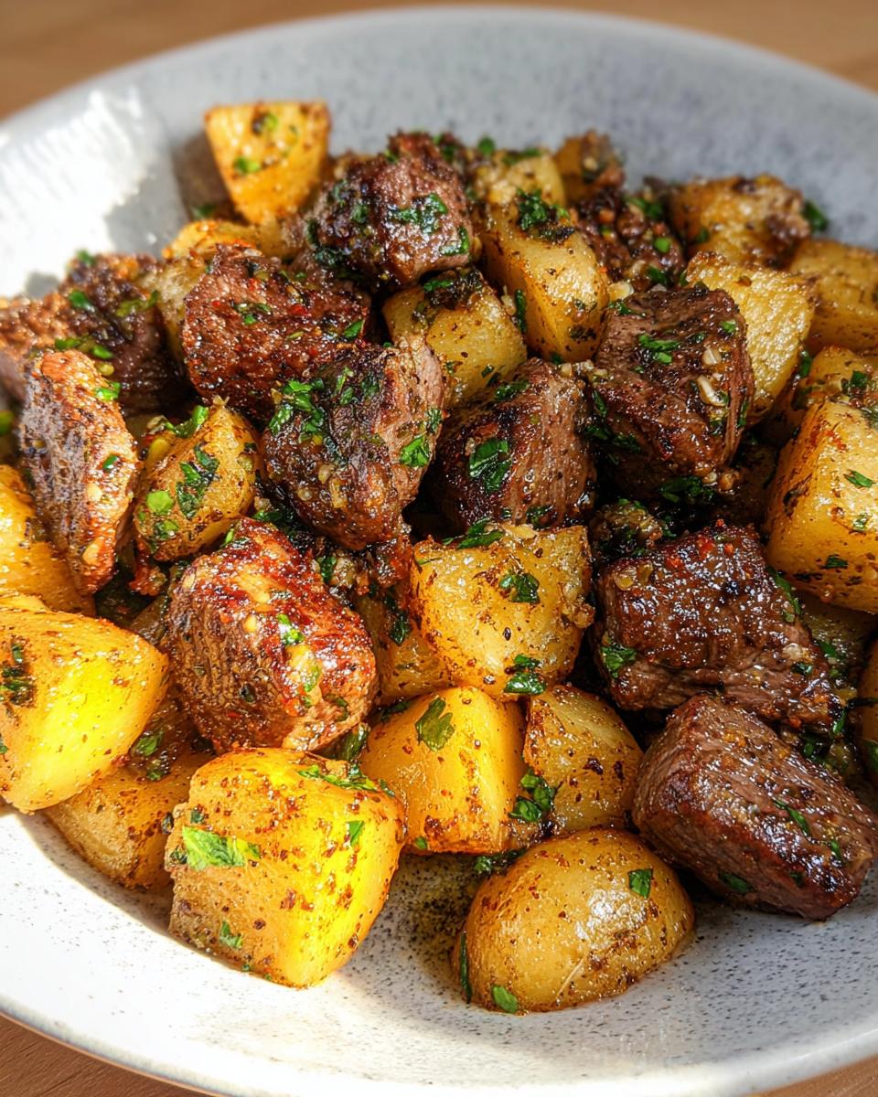 Close-up of delicious garlic steak bites and roasted potatoes, seasoned with herbs.