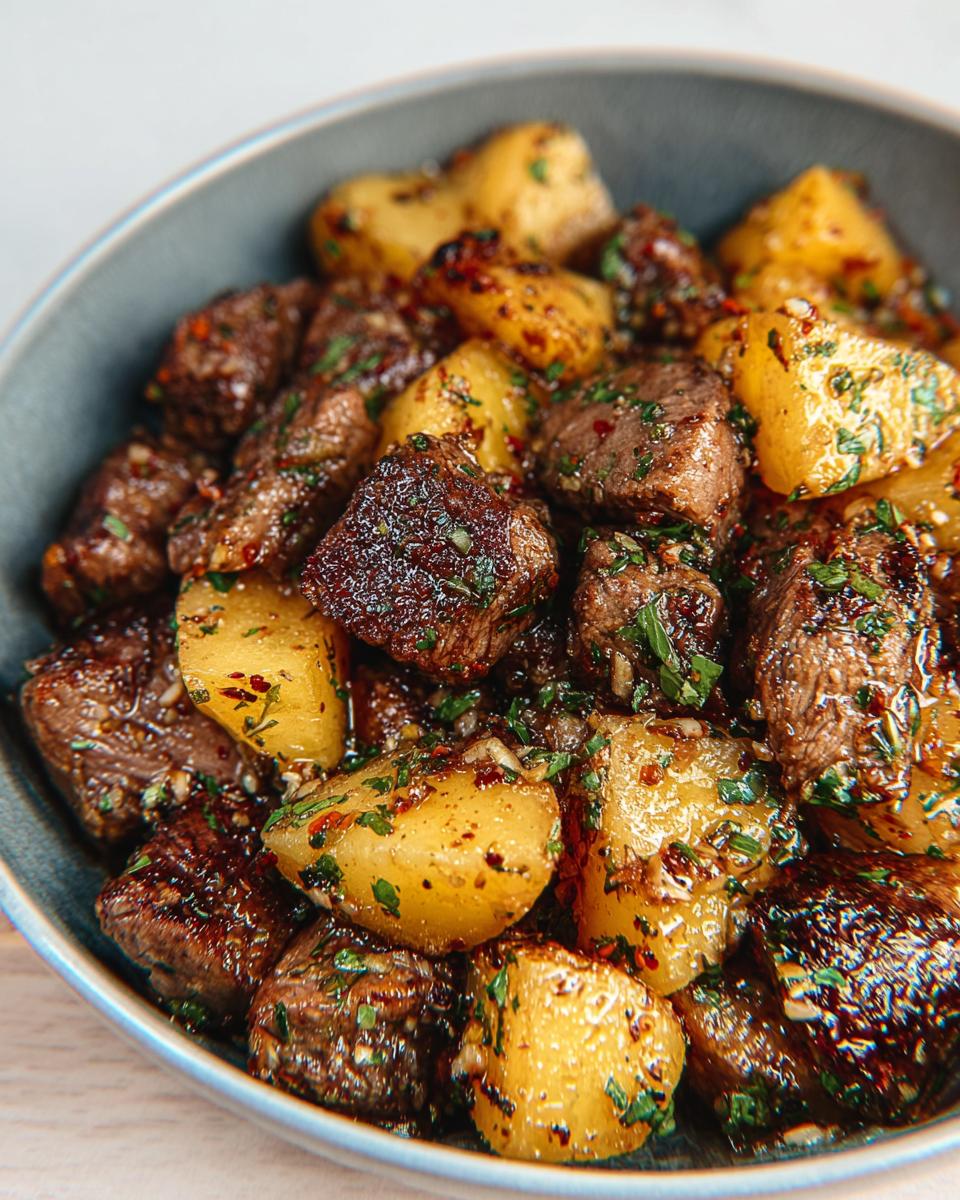 Close-up of a bowl filled with juicy garlic steak bites and golden roasted potatoes, sprinkled with fresh parsley.