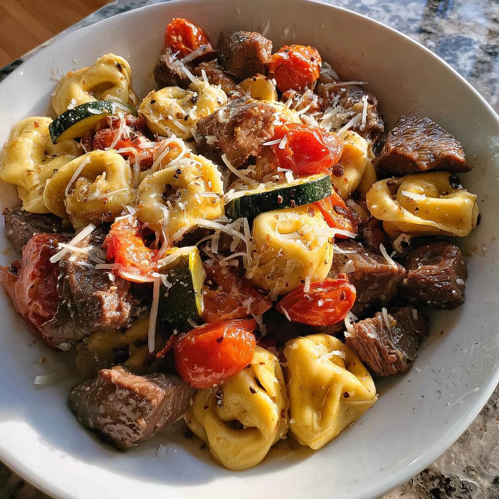 A close-up of a white bowl filled with Garlic Steak Tortellini, cherry tomatoes, zucchini slices, and grated cheese.