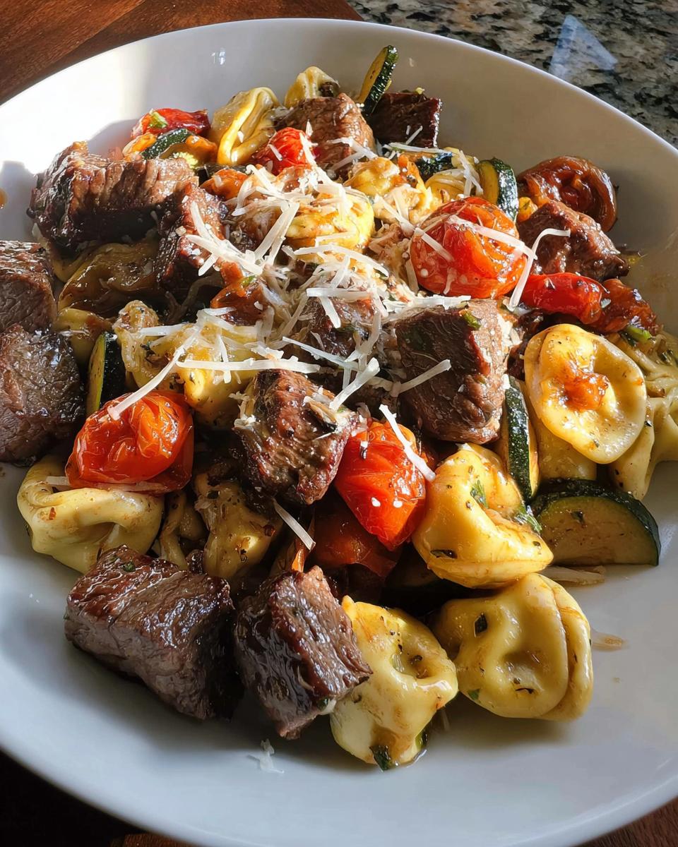 A close-up of a white bowl filled with Garlic Steak Tortellini, tender steak bites, cherry tomatoes, and zucchini slices, topped with shredded cheese.