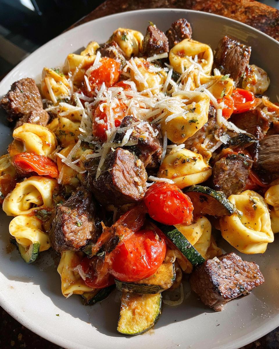 A close-up of a bowl of Garlic Steak Tortellini, featuring tender steak bites, cheese-filled tortellini, cherry tomatoes, and zucchini slices, topped with grated cheese.