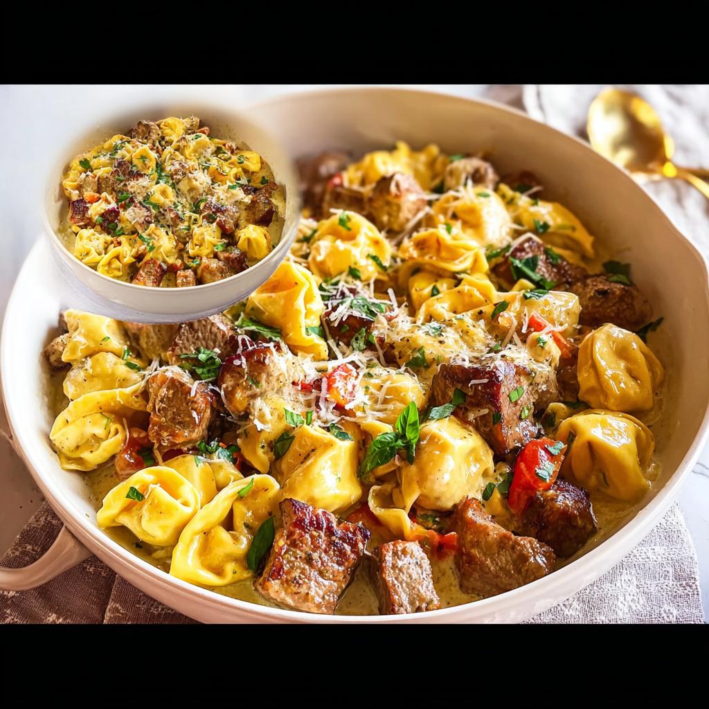 A close-up of a creamy Garlic Steak Tortellini dish in a white serving bowl, garnished with herbs and cheese.