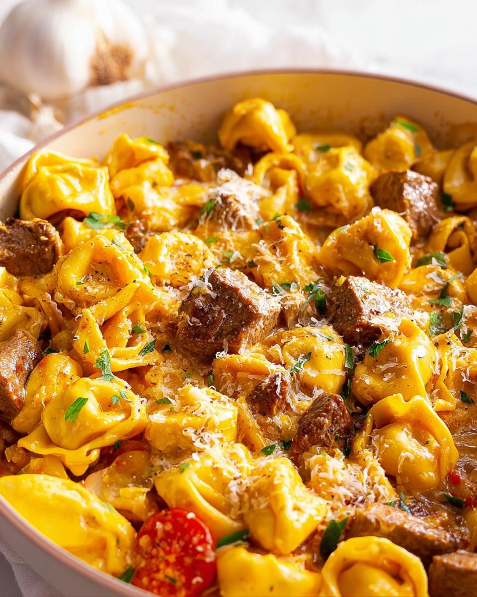 Close-up of Garlic Steak Tortellini in a creamy sauce, garnished with parsley and Parmesan cheese.