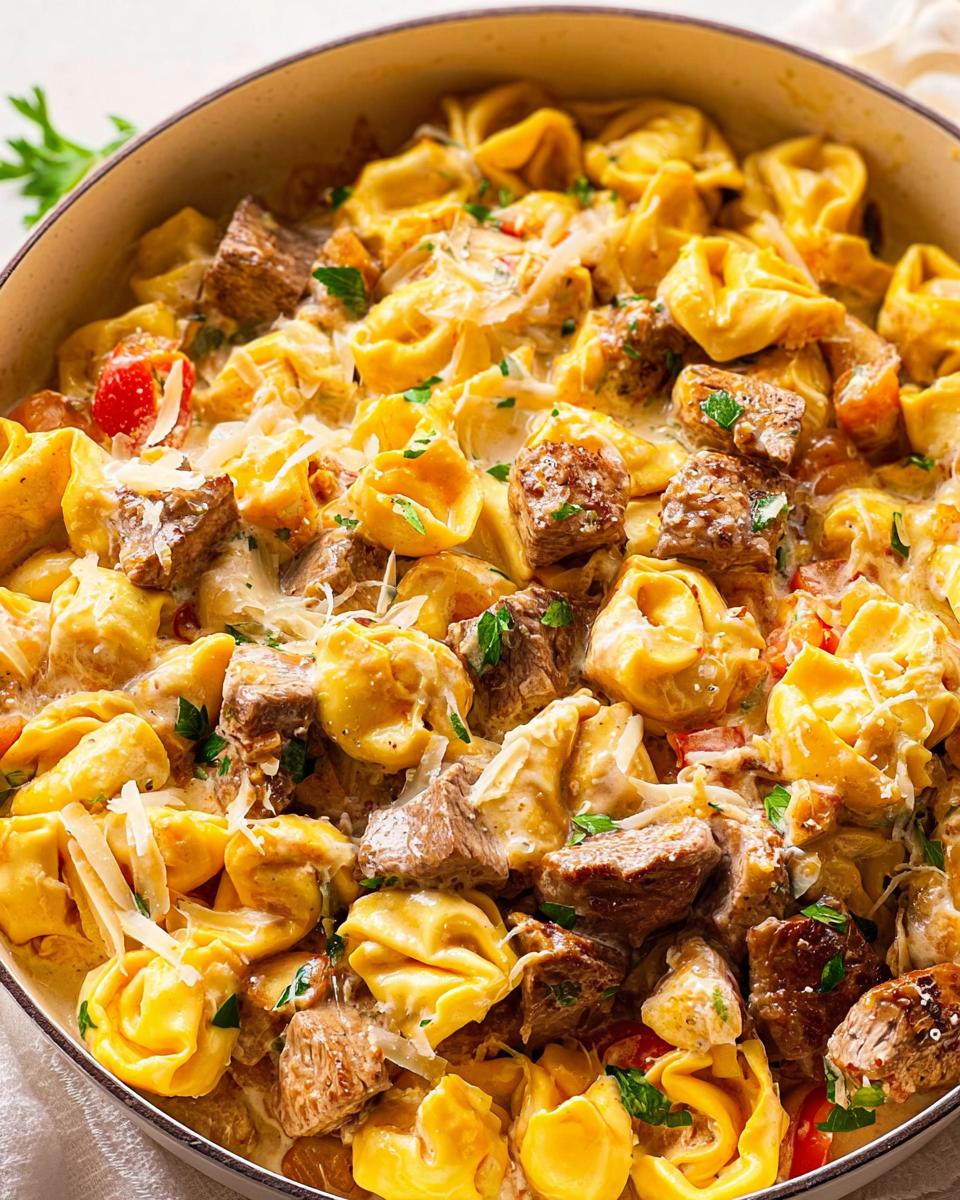 Close-up of Garlic Steak Tortellini dish in a pot, featuring tortellini pasta, steak bites, creamy sauce, and parsley.