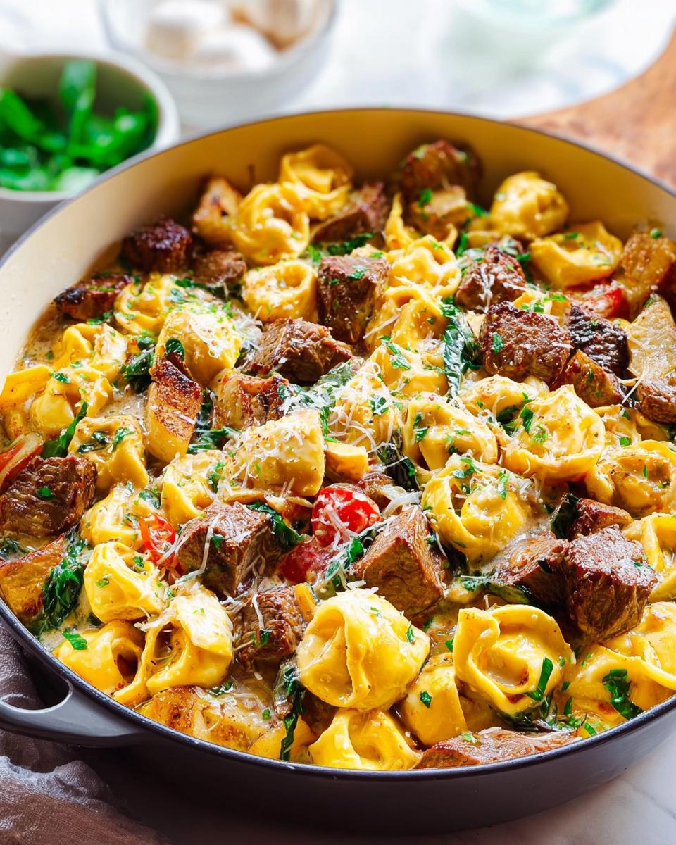 A close-up of a skillet filled with Garlic Steak Tortellini, featuring tender steak pieces, cheese tortellini, and fresh herbs.