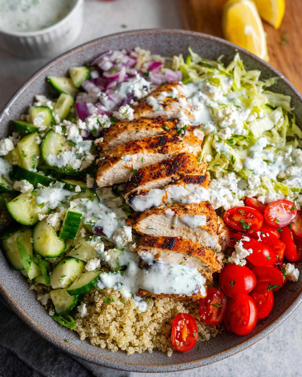 A vibrant bowl of Greek Chicken Bowls featuring sliced grilled chicken, quinoa, cucumbers, tomatoes, feta cheese, and creamy dressing.