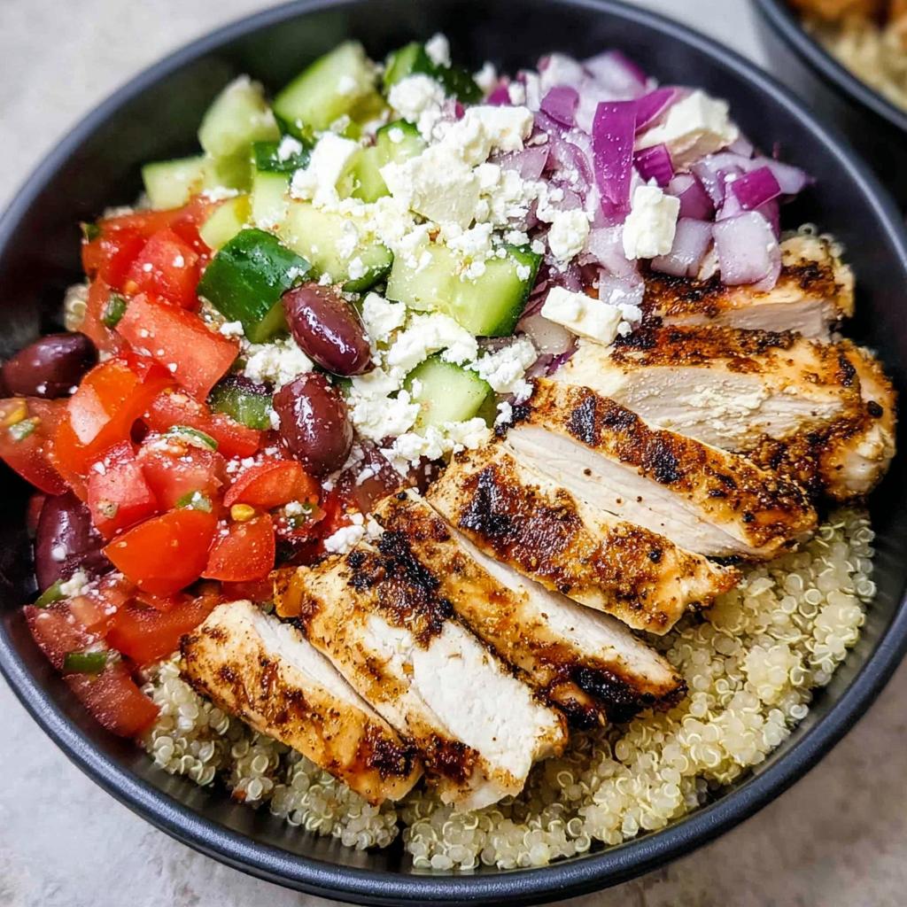 A close-up of a Greek chicken bowl with quinoa, sliced grilled chicken, tomatoes, cucumbers, olives, red onion, and feta cheese.
