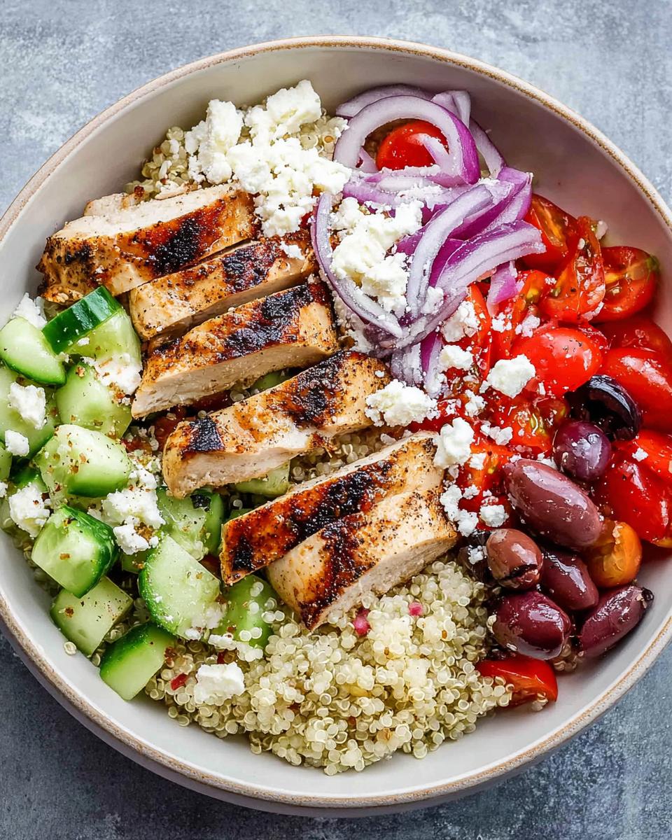 A close-up of a Greek Chicken Bowl featuring grilled chicken, quinoa, cucumber, tomatoes, red onion, olives, and feta cheese.