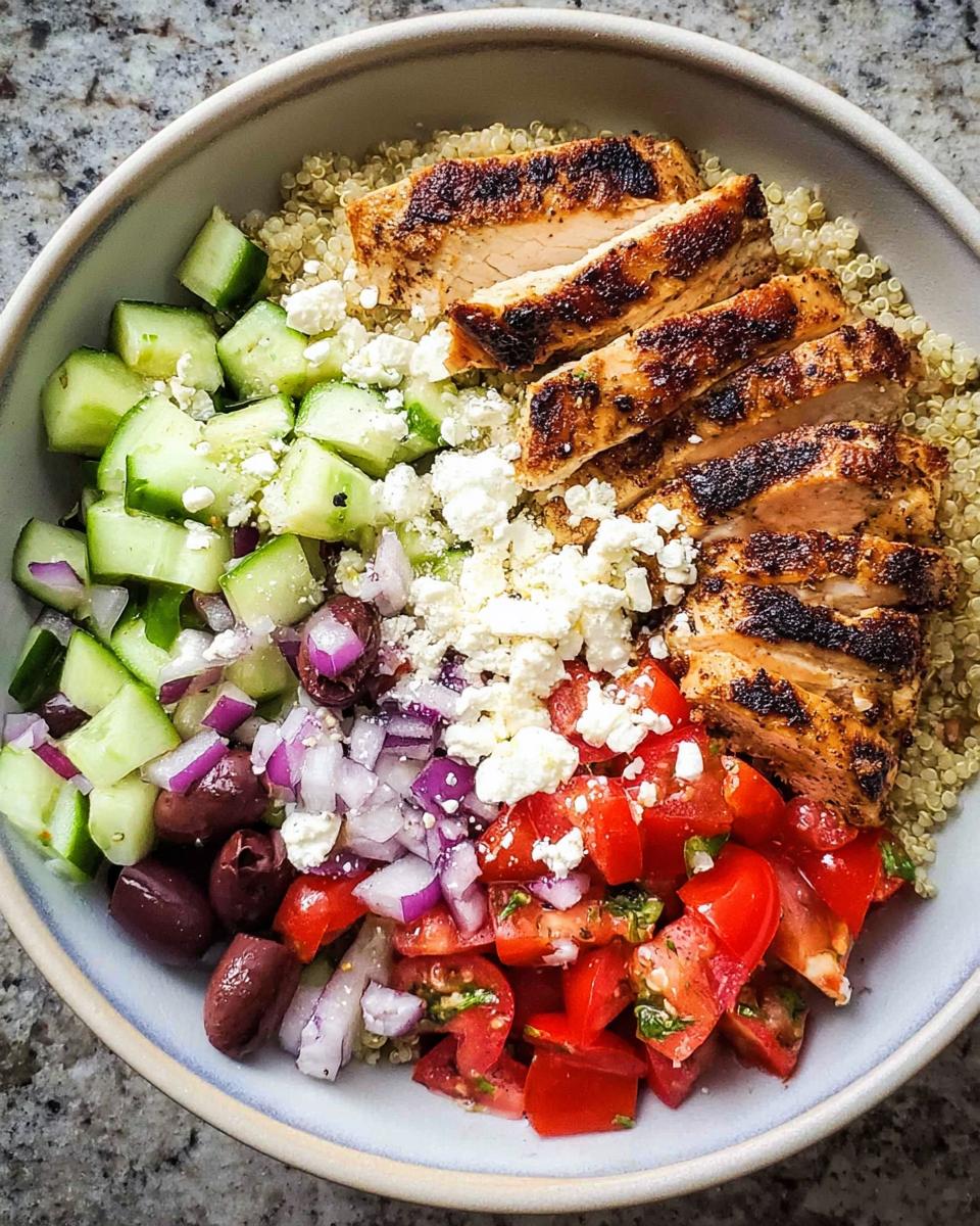 A vibrant bowl of Greek Chicken Bowls featuring grilled chicken, quinoa, cucumber, tomatoes, olives, red onion, and feta cheese.