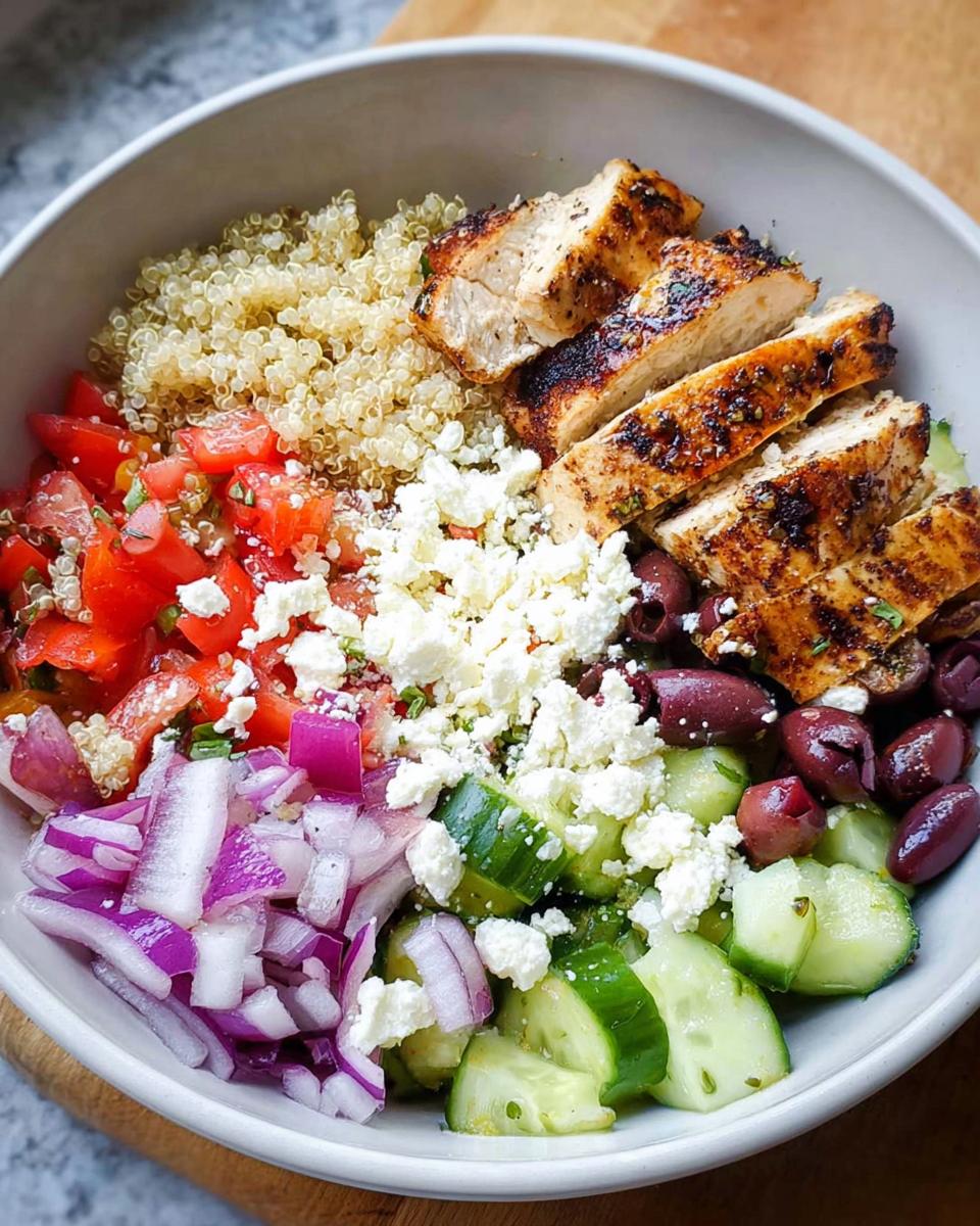 A close-up of a Greek Chicken Bowl with quinoa, sliced grilled chicken, tomatoes, feta cheese, olives, cucumber, and red onion.
