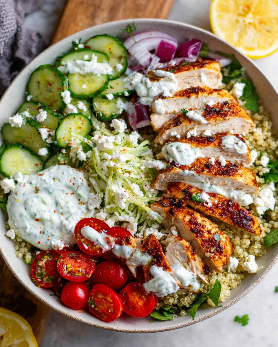 A vibrant bowl of Greek Chicken Bowls featuring sliced grilled chicken, quinoa, cucumbers, tomatoes, and tzatziki sauce.