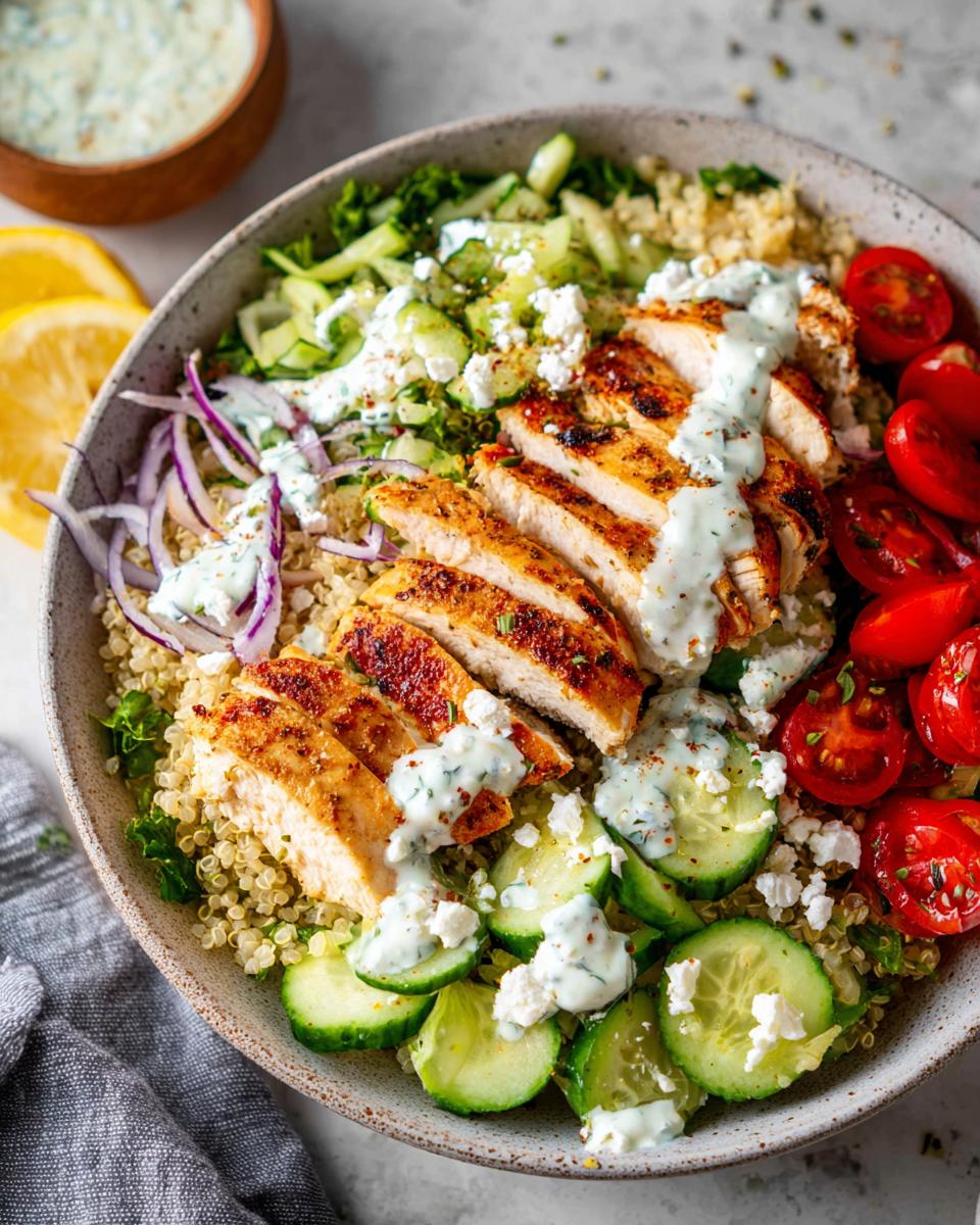 A vibrant Greek Chicken Bowl filled with quinoa, sliced grilled chicken, cucumbers, tomatoes, red onion, and feta cheese, drizzled with tzatziki sauce.