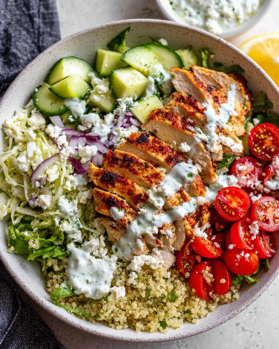 A vibrant bowl of Greek Chicken Bowls featuring grilled chicken, quinoa, cucumber, tomatoes, feta, and tzatziki sauce.