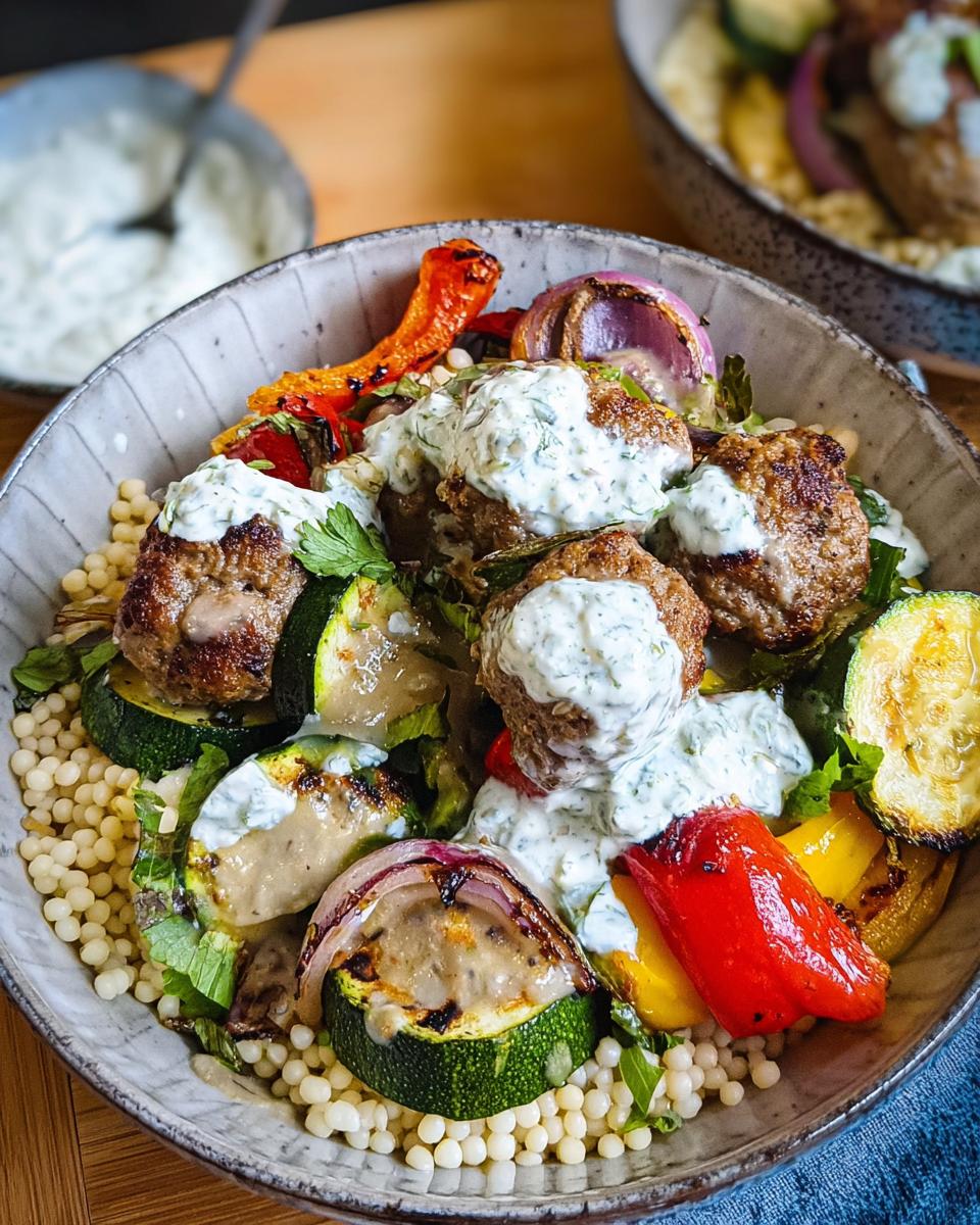 A delicious Greek Meatball Bowl Recipe featuring juicy meatballs, grilled zucchini, red onion, bell peppers, and couscous, topped with creamy tzatziki sauce.