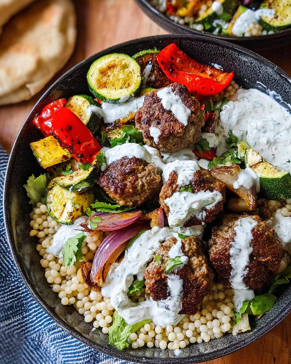 A delicious Greek Meatball Bowl Recipe featuring seasoned meatballs, roasted zucchini, bell peppers, red onion, and couscous, drizzled with a creamy sauce.